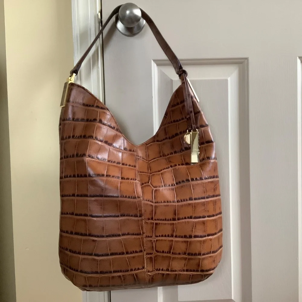 G.I.L.I. Leather North/South Hobo Bag Tote Brown Croc SZ Large